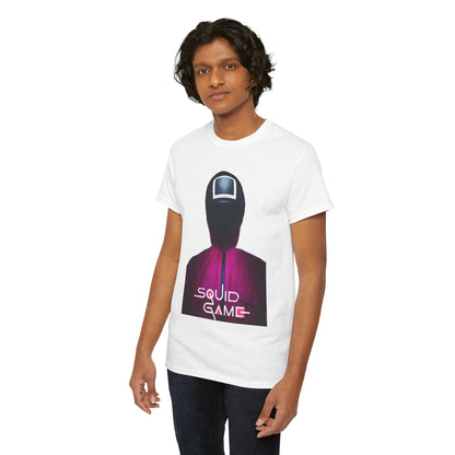 Stylish male model showcasing a luxury white t-shirt featuring a captivating Squid Game design, perfect for making a striking fashion statement.