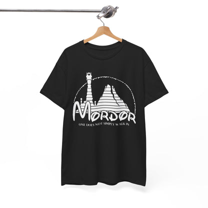 Stylishly displayed black t-shirt hanging on a wooden hanger, featuring a high-quality graphic of Mordor with the text 'One Does Not Simply Walk In', perfect for the discerning fashion enthusiast.