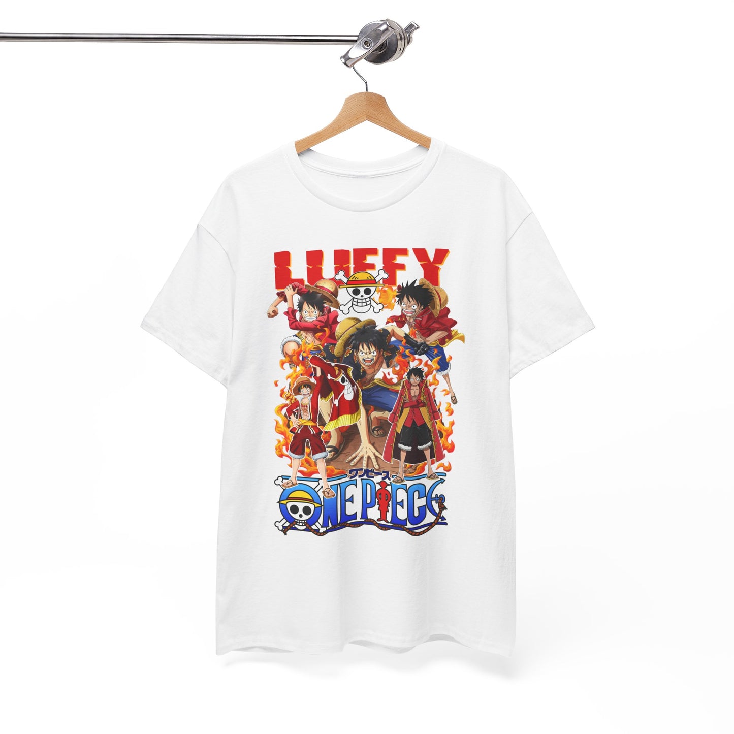 White t-shirt with an intricate One Piece design on a hanger, illustrating a bold anime aesthetic, ideal for trendy casual wear.