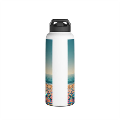Luxury Fantasy Paddleboarding Stainless Steel Water Bottle showcasing vibrant designs against a serene beach and ocean backdrop, perfect for outdoor enthusiasts.