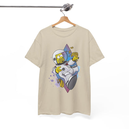 Chic unisex t-shirt elegantly displayed on a hanger, featuring a playful astronaut design with an animated character amidst a colourful abstract background, ideal for stylish casual wear.