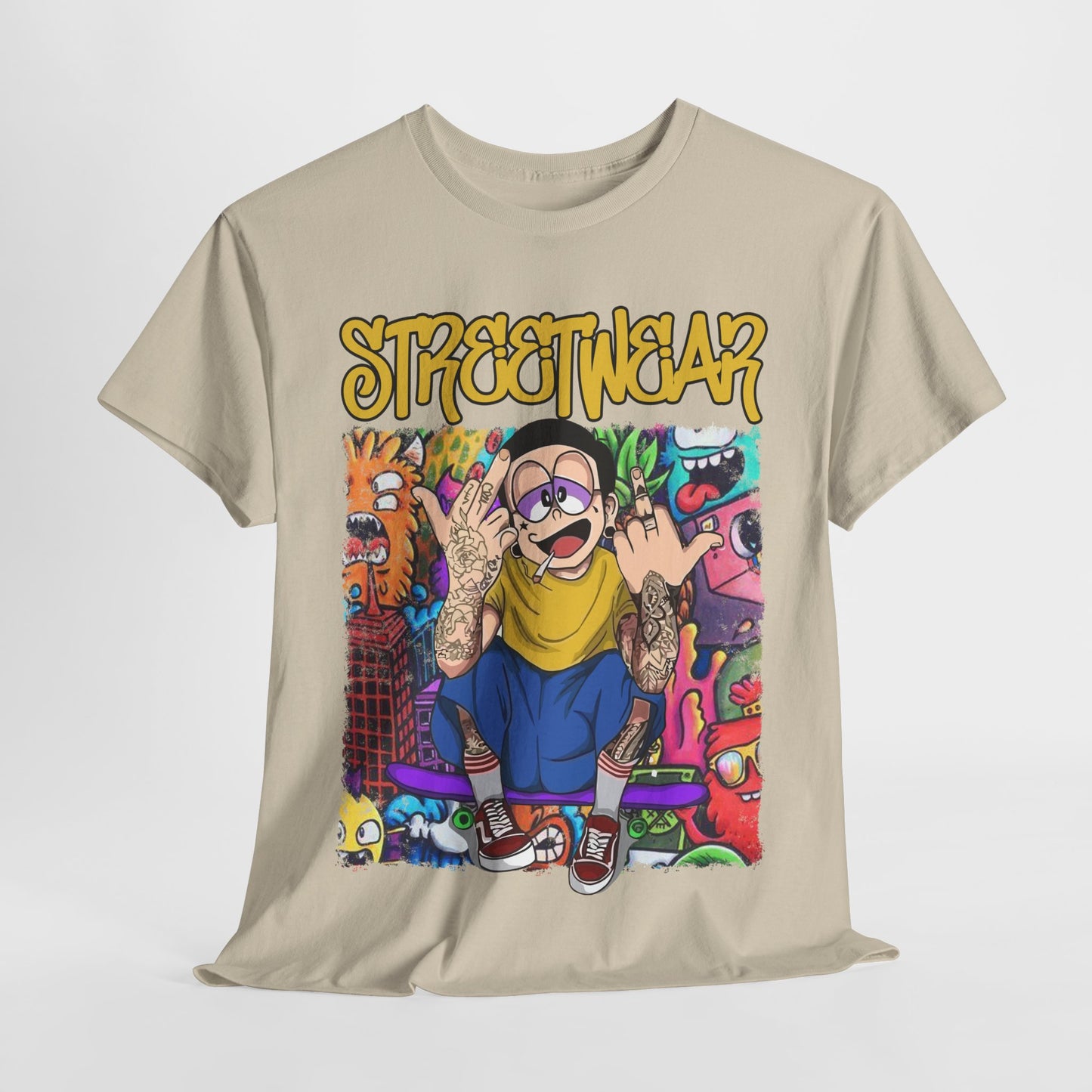 Elegant beige streetwear t-shirt featuring a vibrant cartoon graphic design with bold ‘STREETWEAR’ lettering, perfect for trendsetters.