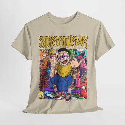 Elegant beige streetwear t-shirt featuring a vibrant cartoon graphic design with bold ‘STREETWEAR’ lettering, perfect for trendsetters.