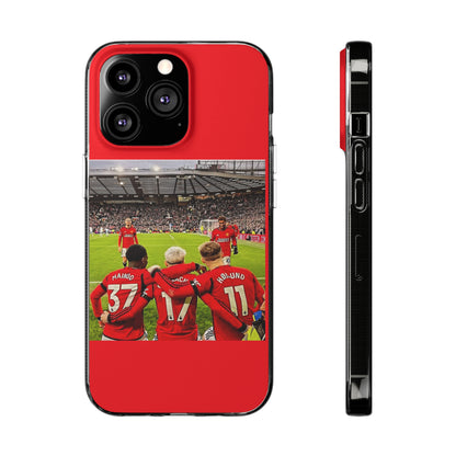 Stylish Manchester United Mainoo Garnach Hojlund Soft Phone Case highlighting a dynamic scene of players, a luxurious accessory for devoted soccer enthusiasts.