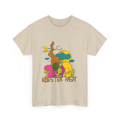Stylish beige Monster Mash T-Shirt with enchanting cartoon design, featuring colourful creatures and a whimsical tree, ideal for unique fashion statements.