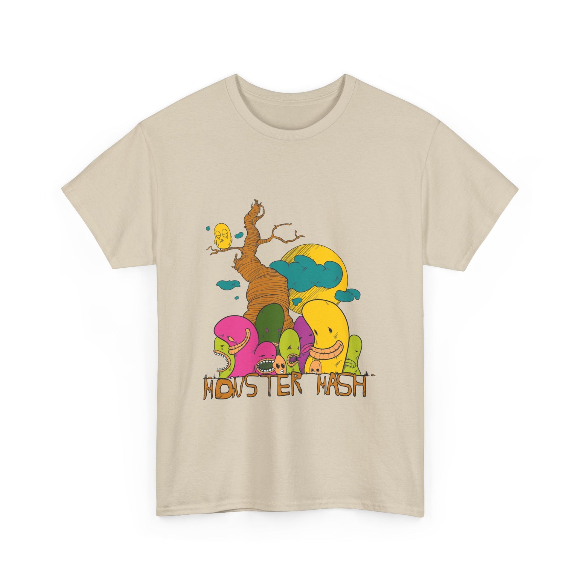 Charming beige t-shirt adorned with a whimsical 'Monster Mash' illustration, showcasing playful creatures and a majestic tree against a vibrant backdrop.