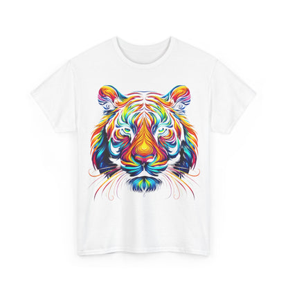Front view of Tiger's Whimsy Graphic Tee, featuring a striking multicolour graphic of a stylized tiger's head in a vibrant luxurious design.