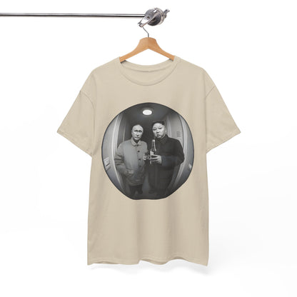 Indulge in the chic 'Meet The Neighbours' Funny Gift Graphic T-Shirt, artistically hung to showcase its distinctive design and striking monochrome palette, elevating any wardrobe.