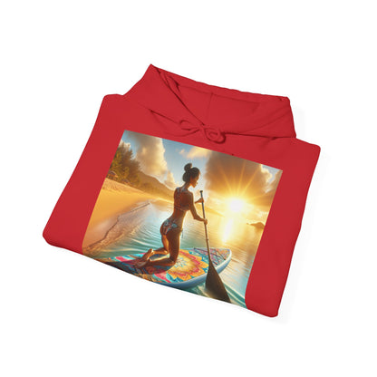 Fantasy Paddleboarding Unisex Hooded Sweatshirt in red, depicting a serene sunset paddling scene with a woman, crafted for those who embrace adventure with style.