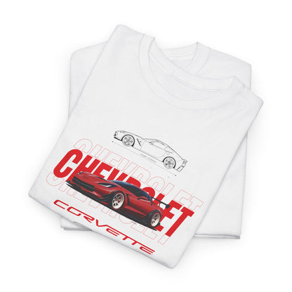 Stylish stacked white men's T-shirts showcasing a distinct Chevrolet Corvette design, perfect for automotive enthusiasts.