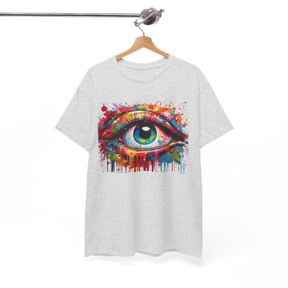 Grey unisex t-shirt suspended on a hanger featuring a colourful eye design with artistic drips, signifying a fusion of luxury and street art fashion.
