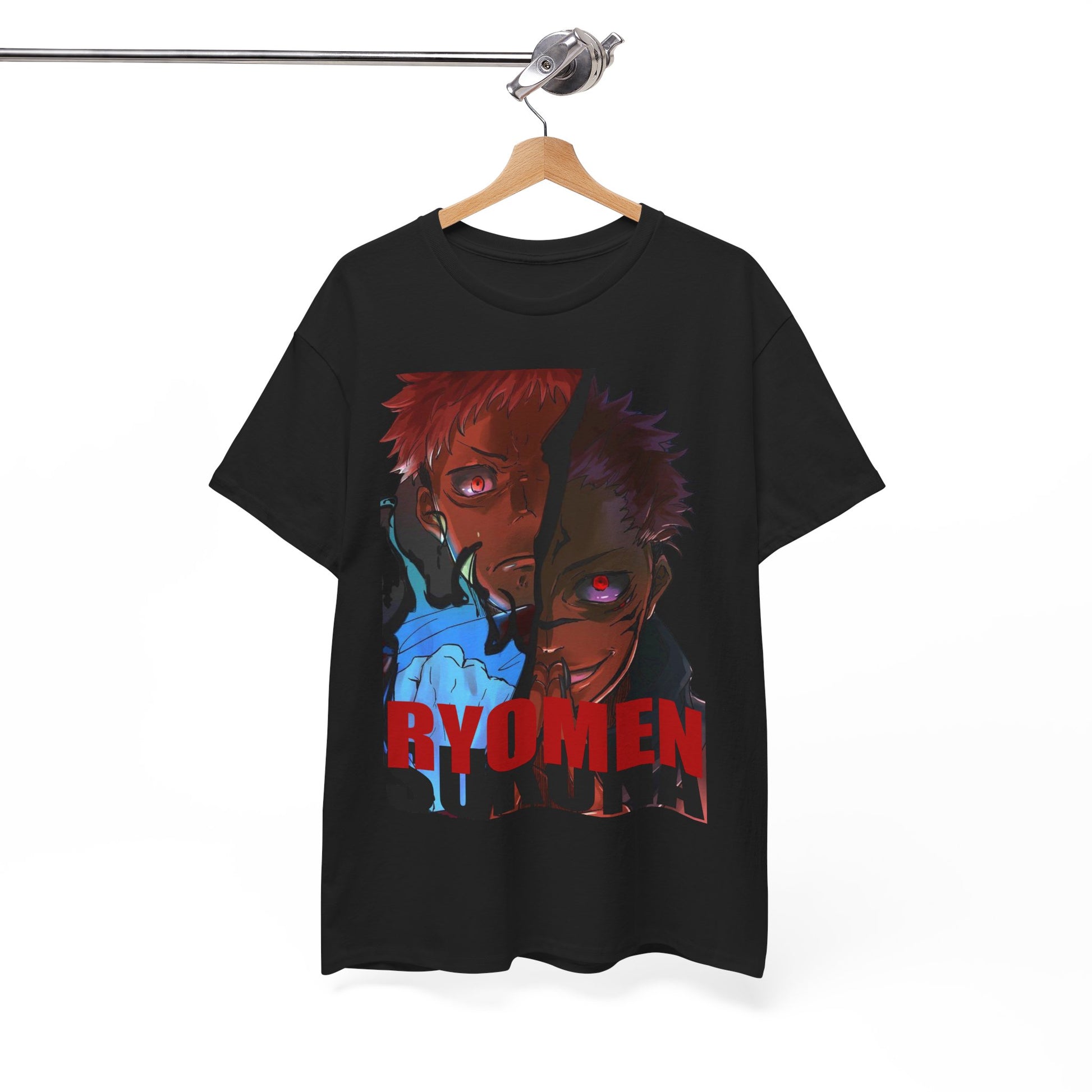 Black Ryomen Sukuna anime t-shirt displayed on a clothing hanger, highlighting its premium fabric and striking character artwork, perfect for the discerning anime fan.