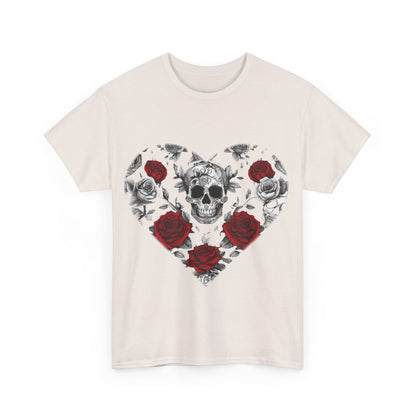 Close-up of the Skulls and Roses Cotton Tee, Unisex Graphic Shirt featuring intricate skull and rose graphics on a light background, showcasing unique alternative style.
