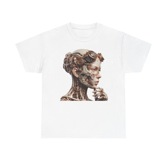 Luxurious men's T-shirt featuring an intricate cyborg design, showcasing a stunning fusion of human and machine elements in delicate beige and light brown tones. This unique digital artwork captures the essence of advanced artistry and technology.