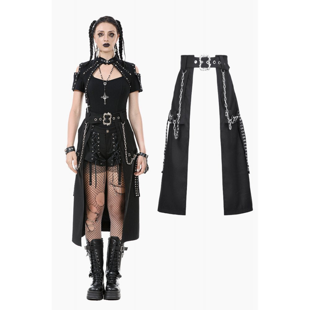 Luxurious Dark in Love Layered Goth Skirt with Chain Belt, showcasing a dramatic black Victorian punk chic design with silver chains and dual buckles, perfect for bold gothic fashion lovers.