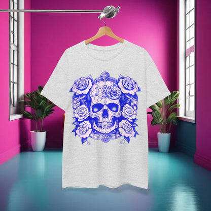 Front view of the Skulls and Roses Cotton Tee, featuring an intricate steampunk skull and rose graphic, embodying a unique and edgy fashion statement.