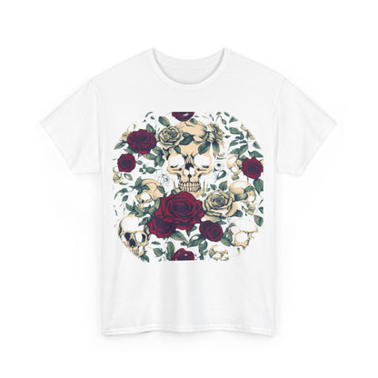 Front view of the Skulls and Roses Cotton Tee, displaying intricate designs of roses and skulls, ideal for making a bold fashion statement.