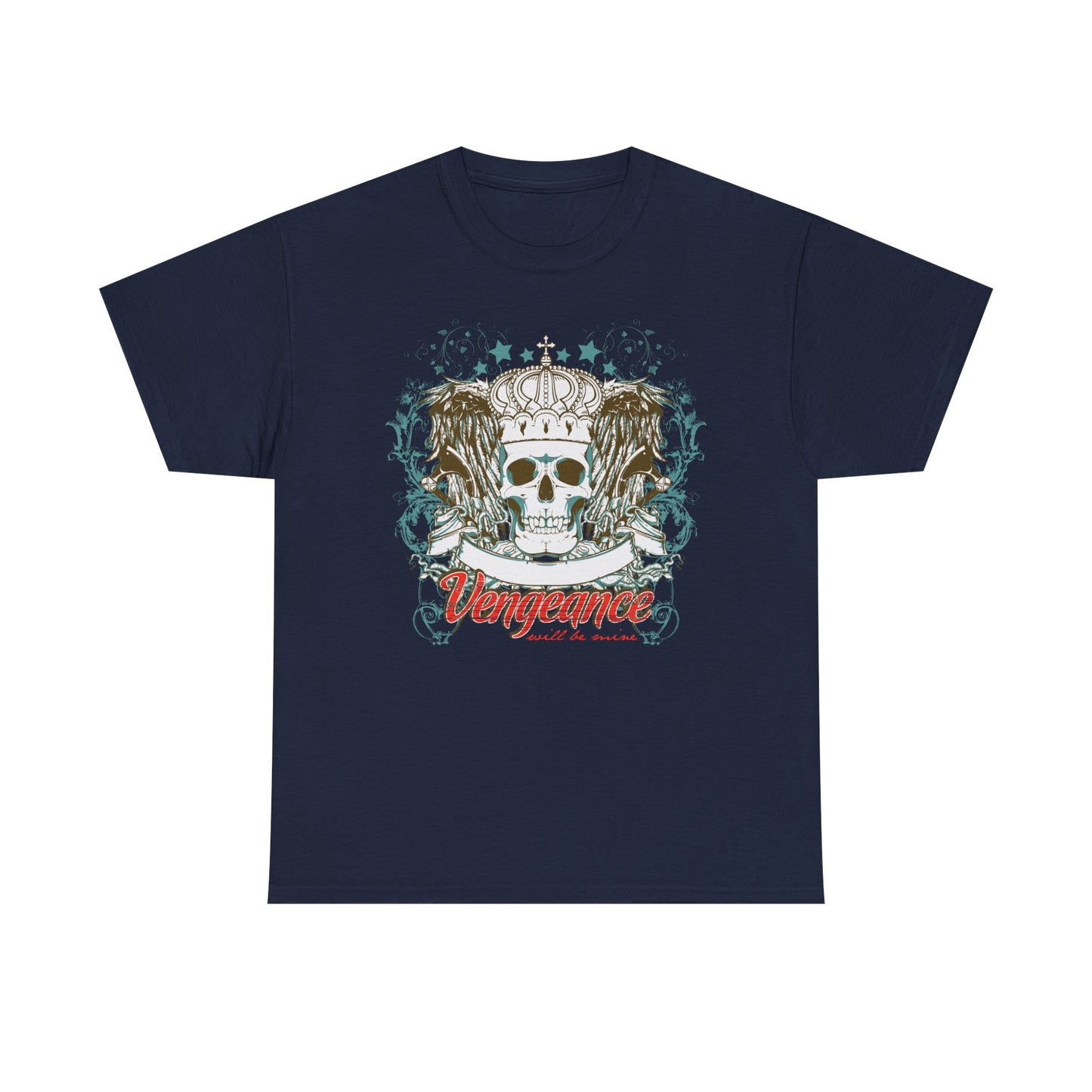 Stylish men's graphic t-shirt in deep navy showcasing a crown-adorned skull design, embellished with elegant wing elements and striking text below.