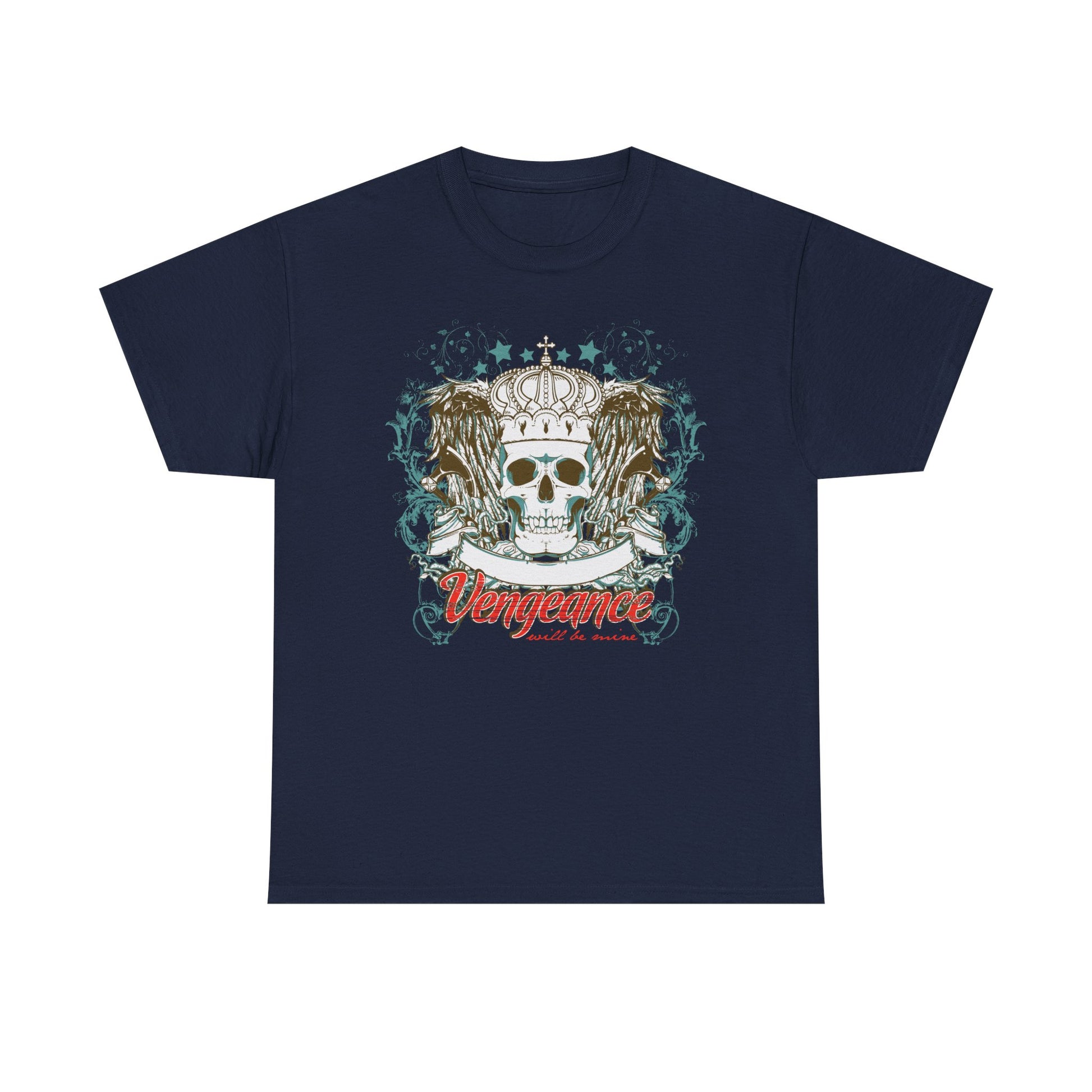 Sophisticated navy graphic tee displaying a fierce skull with a majestic crown, accompanied by wings and the captivating text 'Vengeance', perfect for those with a daring fashion sense.