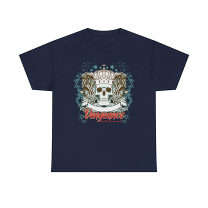 Regal Reaper Skull Crown Tee in navy displaying a striking graphic with a crowned skull, ornamented wings, and bold text stating 'Vengeance will be mine'.