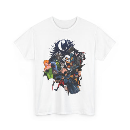 Gotham Vibes Batman DC Comics Graphic T-Shirt in white, displaying an exquisite illustration of beloved Batman characters, an ideal luxury statement piece for casual and comic book style.