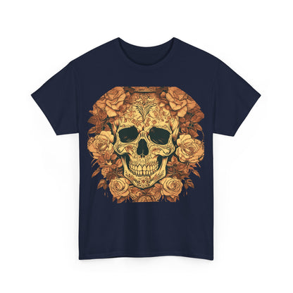 Front view of the navy blue Skulls and Roses Cotton Tee featuring an intricate skull and rose graphic.