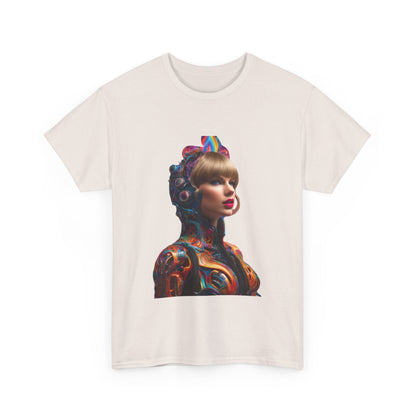 Front view of the elegant Swifties psychedelic Taylor Swift Heavy Cotton Tee showcasing a vibrant psychedelic image of Taylor Swift.