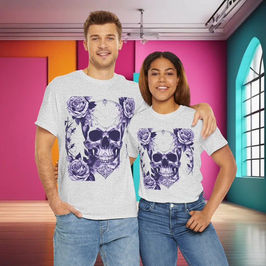 Elegant couple showcasing the Skulls and Roses Cotton Tee, a unisex graphic shirt with a striking skull and rose motif, ideal for making a bold fashion statement in style.