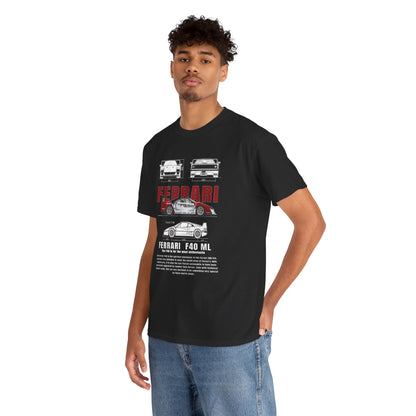 Model presenting the T-Shirt Ferrari F40 Marlboro Graphic Design Tee, featuring attractive profiles of the Ferrari F40, perfectly blending luxury with a passion for motorsport.