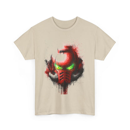 Elegant beige fabric t-shirt with an eye-catching graphic of a red helmet exhibiting vibrant green eyes, designed for a stylish, urban look.