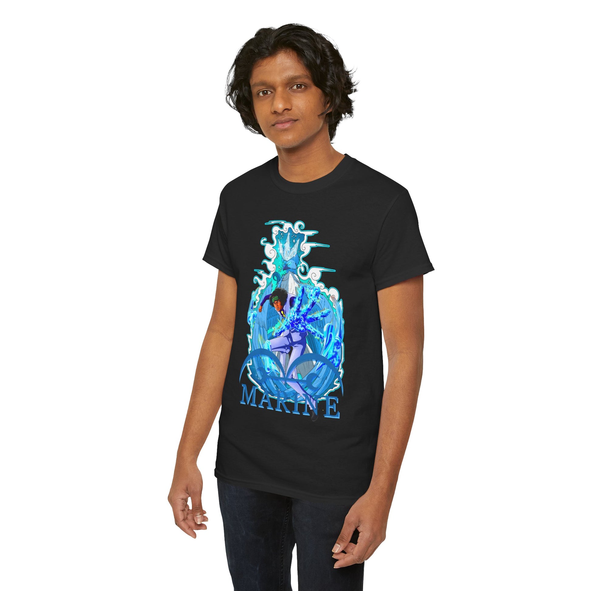 Stylish male model wearing a black T-shirt with an artistic marine anime graphic, highlighting the exquisite design and vibrant colours perfect for anime enthusiasts.