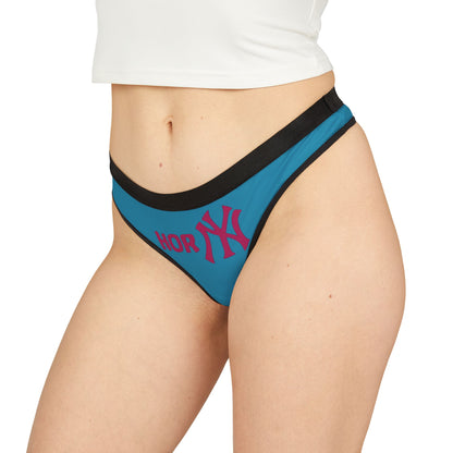 Luxury women's thong panties featuring a bold design with the word 'HORNY' in vibrant pink, styled with black trims, showcasing a cheeky fit and soft fabric for ultimate comfort.