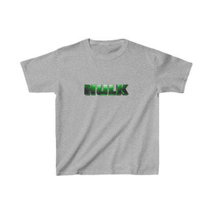 Kids Incredible Hulk Heavy Duty T-Shirt in grey, featuring a bold green Hulk logo, perfect for little superheroes.