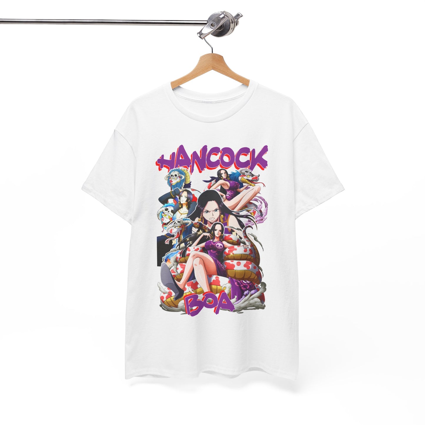Luxurious Boa Hancock t-shirt elegantly showcased on a hanger, featuring a dynamic design that celebrates anime artistry, making it a must-have for fashion-forward fans.