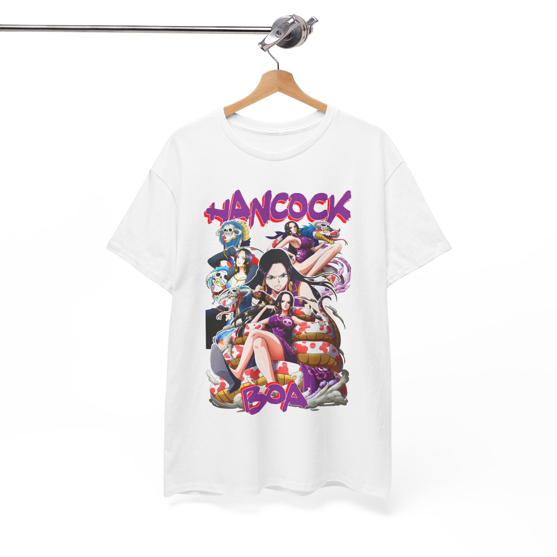Luxurious Boa Hancock t-shirt elegantly showcased on a hanger, featuring a dynamic design that celebrates anime artistry, making it a must-have for fashion-forward fans.