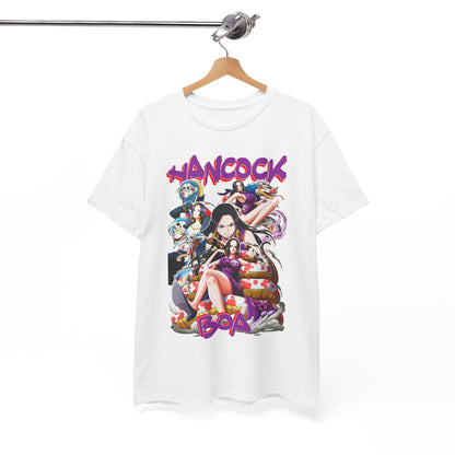 Luxurious Boa Hancock t-shirt elegantly showcased on a hanger, featuring a dynamic design that celebrates anime artistry, making it a must-have for fashion-forward fans.