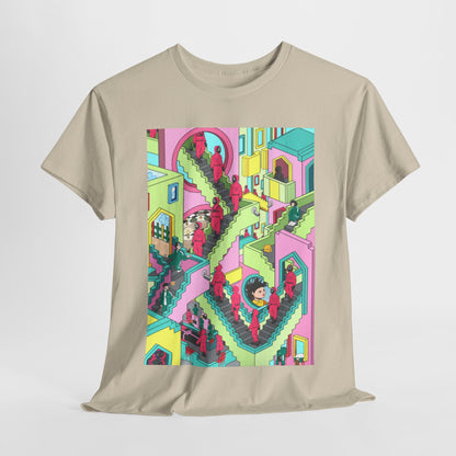 Premium Squid Game-inspired unisex graphic t-shirt featuring an artistic, colourful design with characters and intricate stairs, perfect for urban fashion.