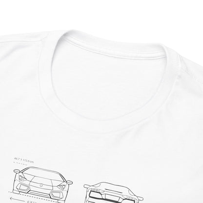 Close-up of the neckline of a premium white t-shirt designed with Lamborghini Aventador graphics, reflecting attention to detail in automotive fashion.