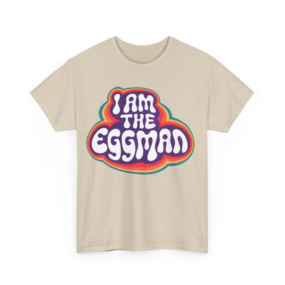 I Am The Eggman Graphic T-Shirt presented in an elegant beige fabric with eye-catching colourful graphics, epitomising modern chic.