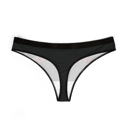 Chic black women's thong with eye-catching graphic, ideal for surprising a partner with playful intimacy.