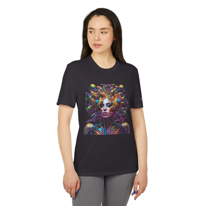 Adidas Unisex Halloween Lady of Pop T-shirt displayed on a model, featuring a vibrant graphic design embodying pop culture royalty, perfect for festive occasions.