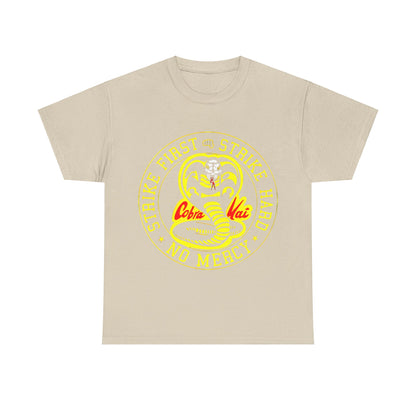 Cobra Kai Graffiti Graphic Unisex T-Shirt in beige, displaying a bold graphic logo with the tagline 'Strike First, Strike Hard, No Mercy', a sophisticated choice for streetwear aficionados.