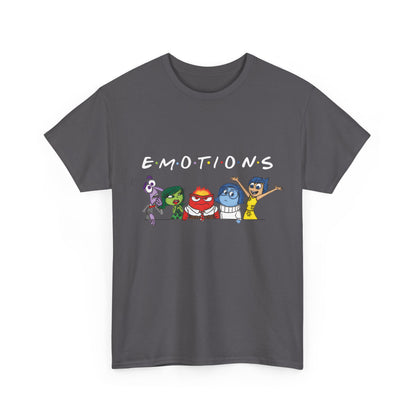 Front view of the luxurious 'Inside Out Friends' graphic tee shirt, artfully showcasing the emotions characters and the word 'EMOTIONS'.