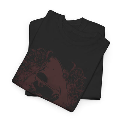 Stylish stack of luxurious black men's t-shirts, showcasing bold zombie graphics against a rich background, perfect for an avant-garde wardrobe.