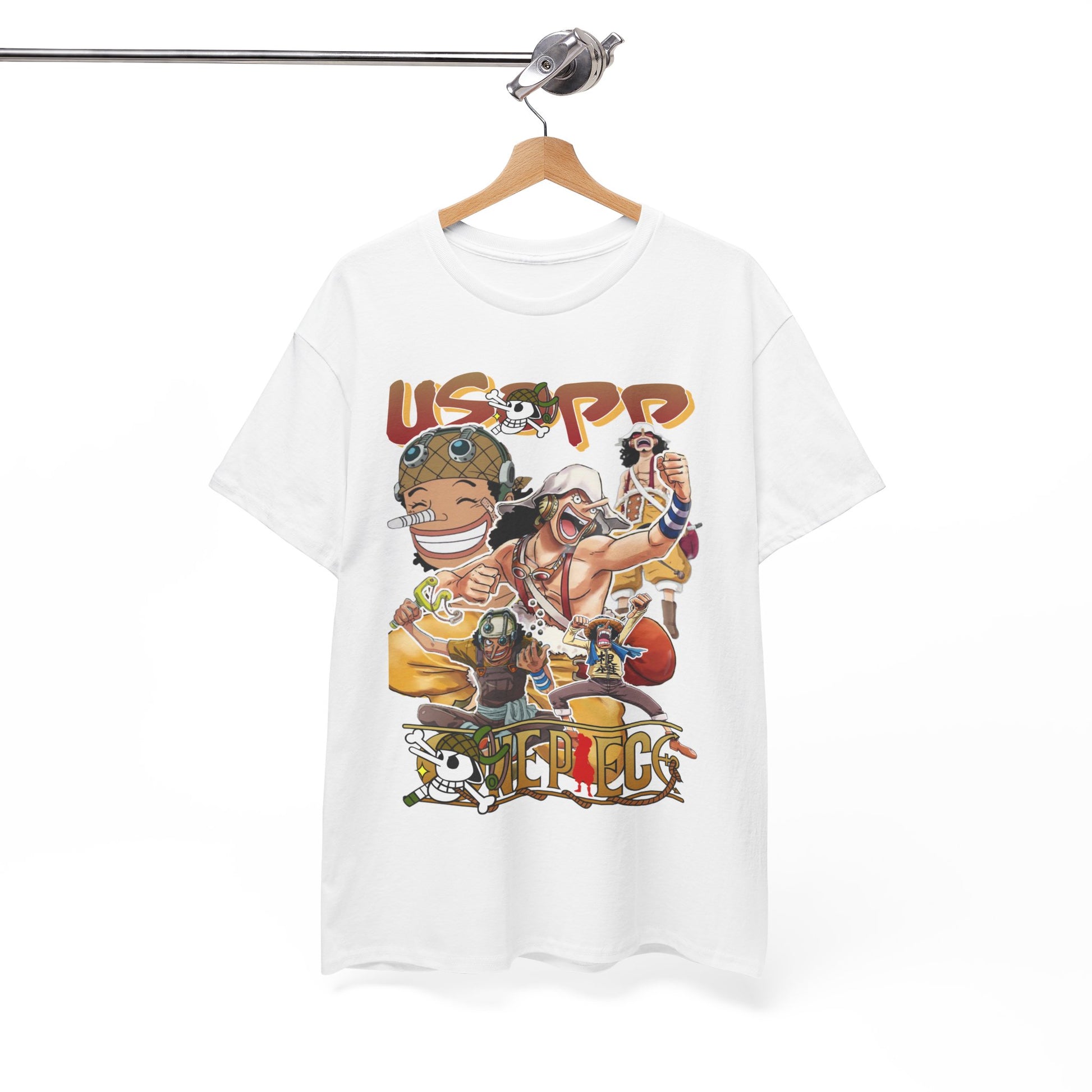 Sophisticated display of an Anime Manga T-shirt featuring a colourful Usopp design, expertly hung for showcasing modern anime fashion.