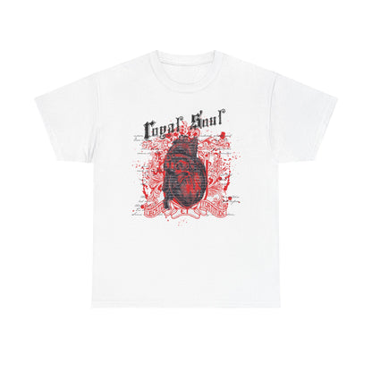 Luxurious white men's graphic t-shirt featuring an intricate anatomical heart design with bold gothic lettering 'Cogal Soul' and vibrant red accents, symbolizing strength and elegance.