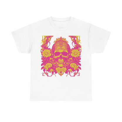 Skulls and Roses Cotton Tee - Sophisticated unisex graphic shirt with a vibrant skull and roses artwork in pink and yellow on a crisp white background.