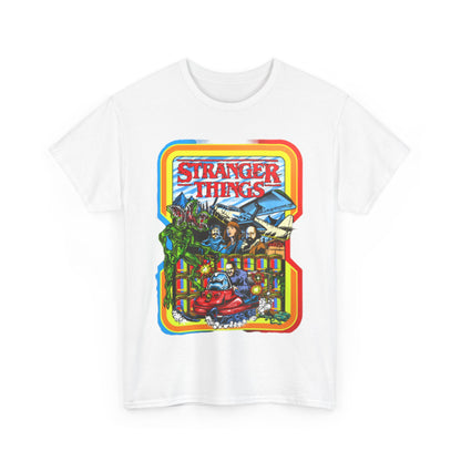 Luxury unisex graphic t-shirt featuring a vibrant 'Stranger Things' Rink O Mania design, showcasing nostalgic arcade elements and characters from the cult classic TV series.