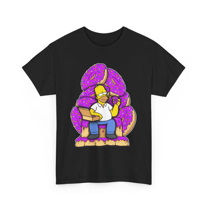 Elegant unisex t-shirt depicting Homer the Iron Throne, with vibrant illustration of Homer Simpson joyfully surrounded by glazed donuts, ideal for urban streetwear.