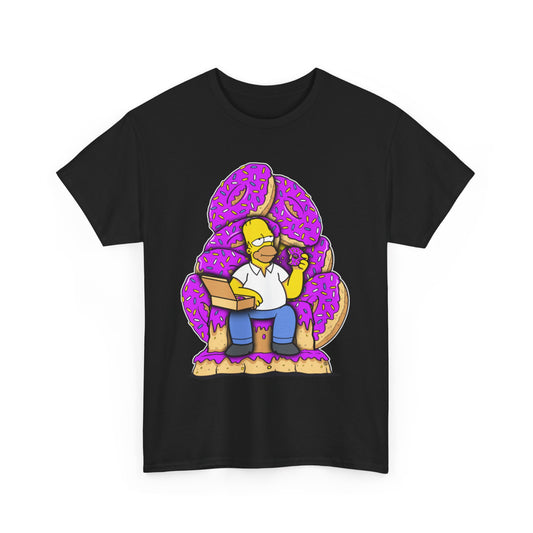 Elegant unisex t-shirt depicting Homer the Iron Throne, with vibrant illustration of Homer Simpson joyfully surrounded by glazed donuts, ideal for urban streetwear.